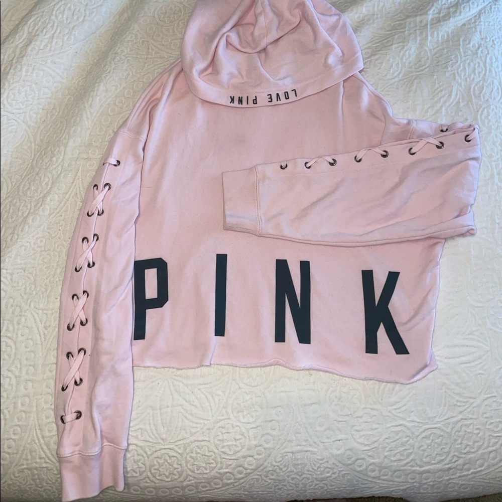 Light pink VS PINK cropped hoodie.